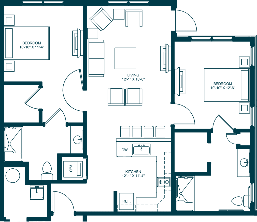 This image shows a floor plan of an apartment with labeled rooms and designated areas for living, dining, and sleeping.