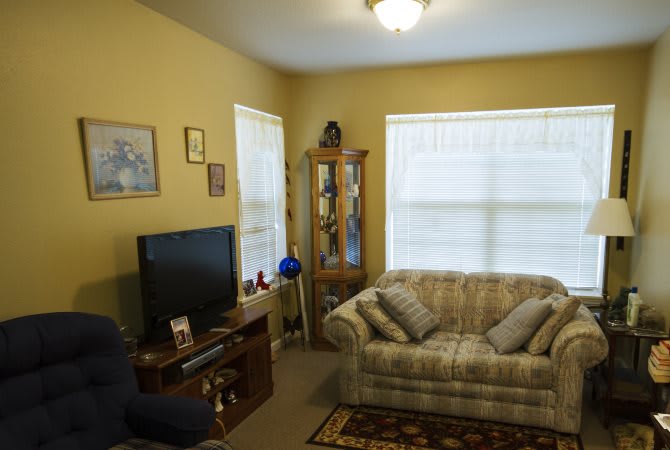 A cozy living room with a sofa, TV, and decorative items.
