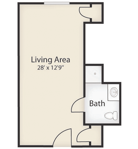 A simple floor plan featuring a living area and a bathroom.