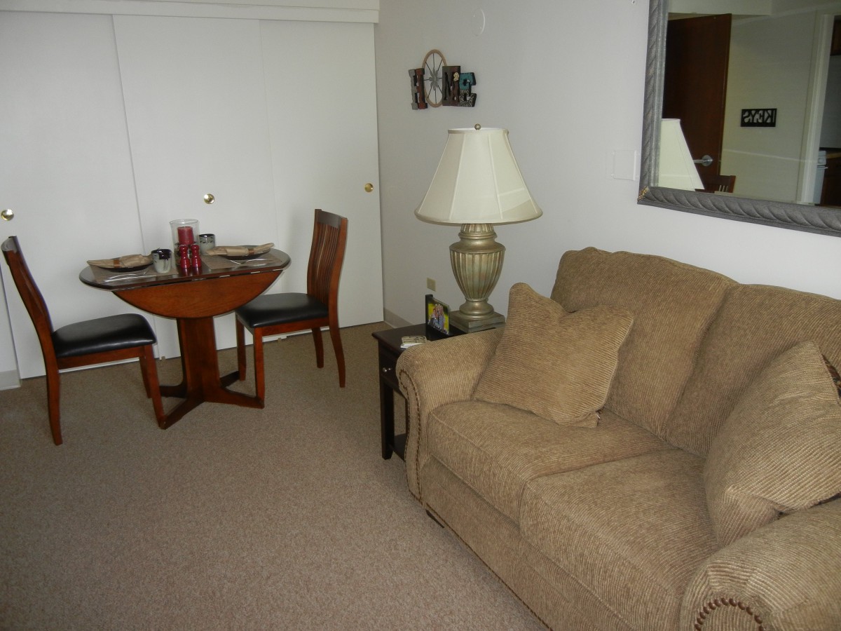 A cozy living room with a sofa, a round dining table, chairs, and a lamp.