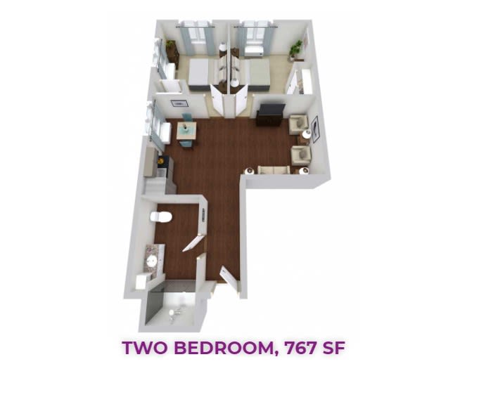 3D floor plan of a two-bedroom apartment, measuring 767 square feet.