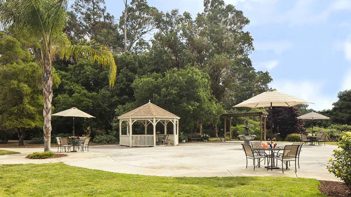 A serene outdoor patio with a gazebo and garden furniture surrounded by lush trees.