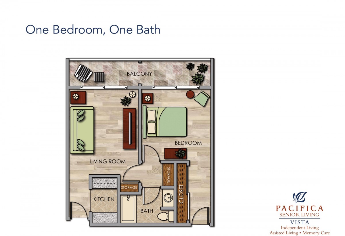One bedroom, one bathroom apartment floor plan layout.