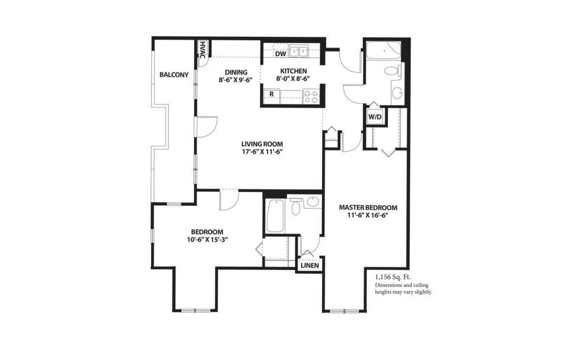 A detailed floor plan of a two-bedroom apartment with designated areas for the living room, kitchen, dining area, bathroom, and balcony.