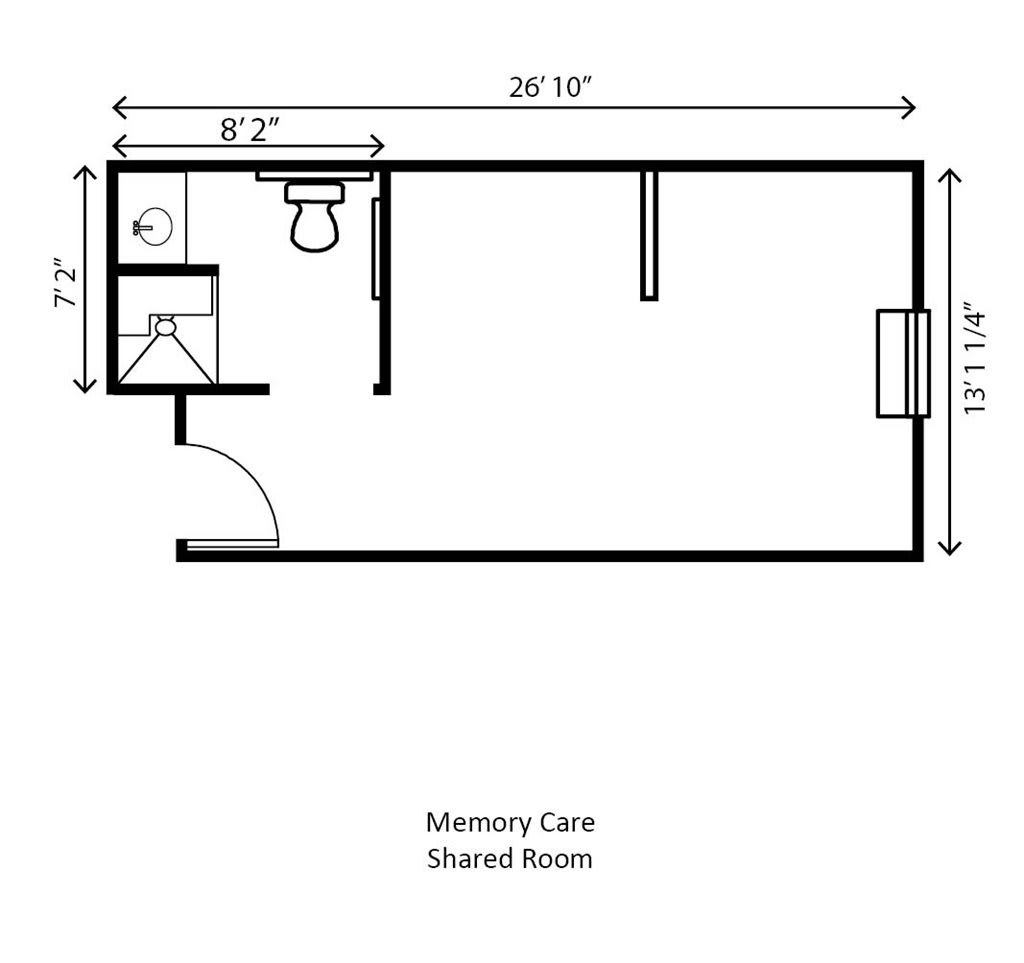 Floor plan of a shared memory care room with bathroom facilities.