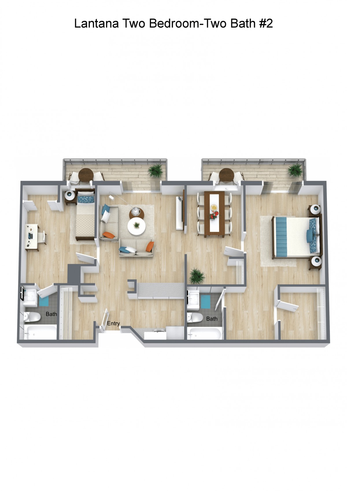 A 3D rendered floor plan of an apartment showcasing a detailed layout with two bedrooms, a living room, kitchen, and bathrooms.