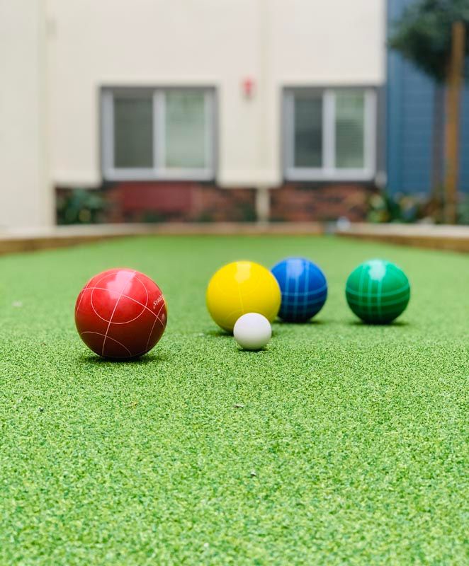 Colorful bocce balls on a lawn ready for play.