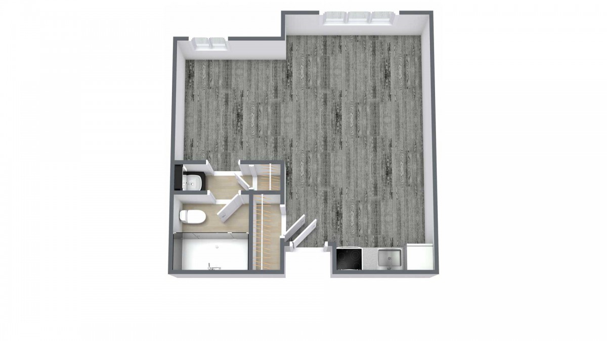 A detailed floor plan of a one-bedroom apartment with designated areas for a bathroom, kitchen, and living room.