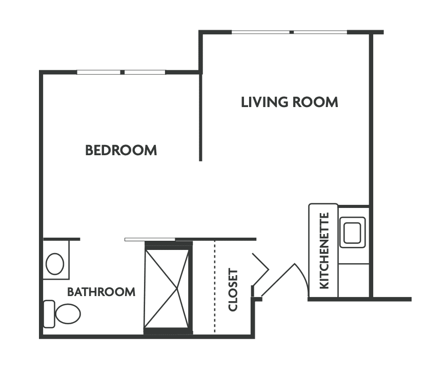 A floor plan of a one-bedroom apartment with a living room, bathroom, kitchenette, and closet.