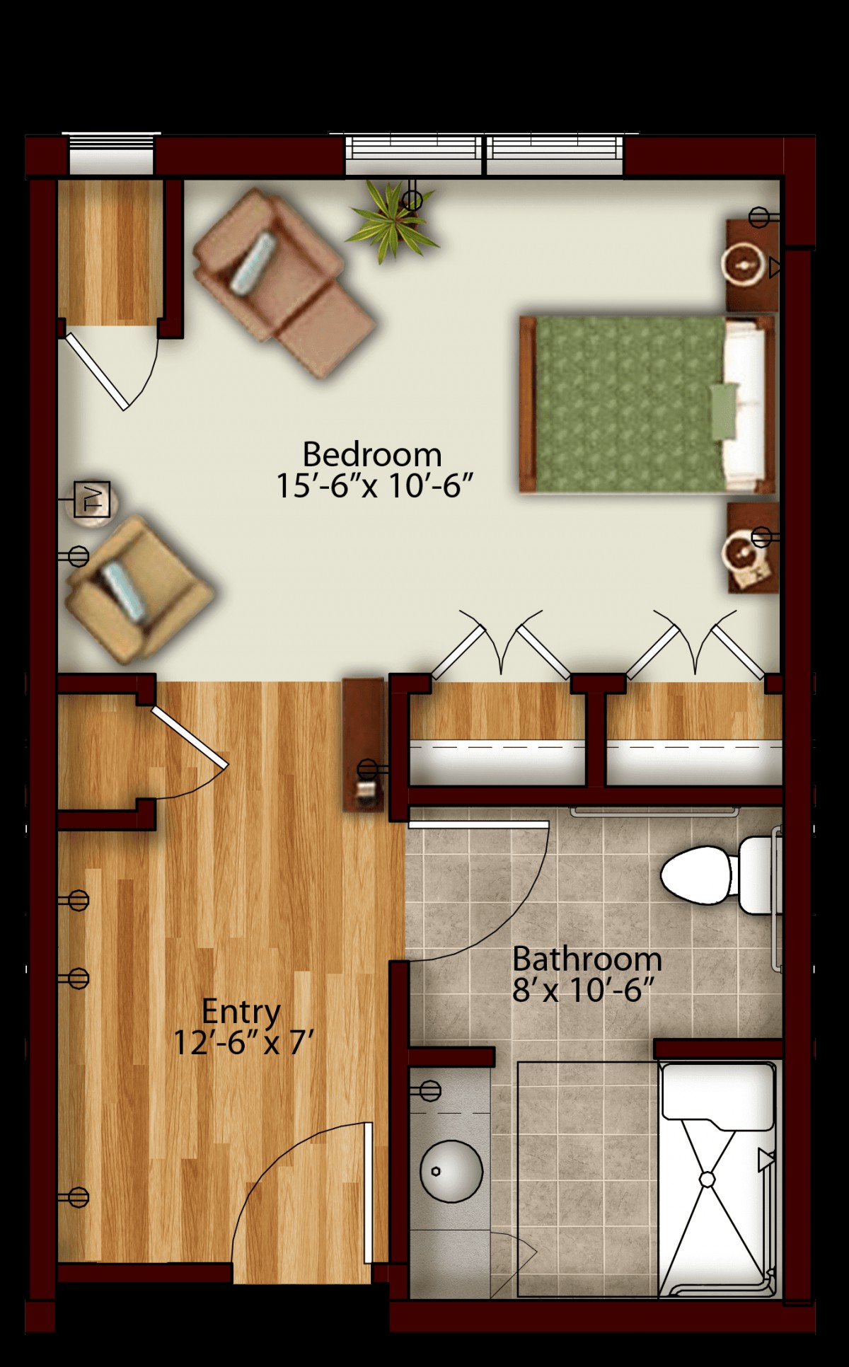 Layout of a one-bedroom apartment with specified dimensions for each room.