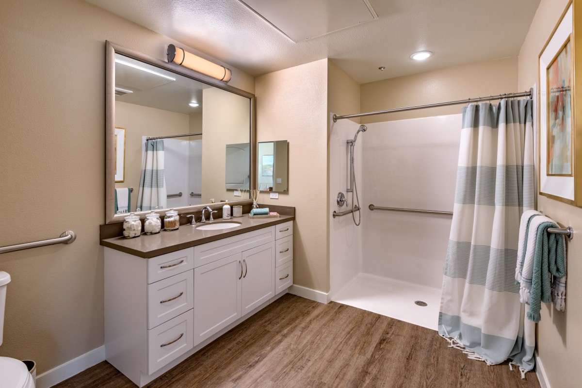 A modern bathroom with a large vanity, mirror, and walk-in shower.