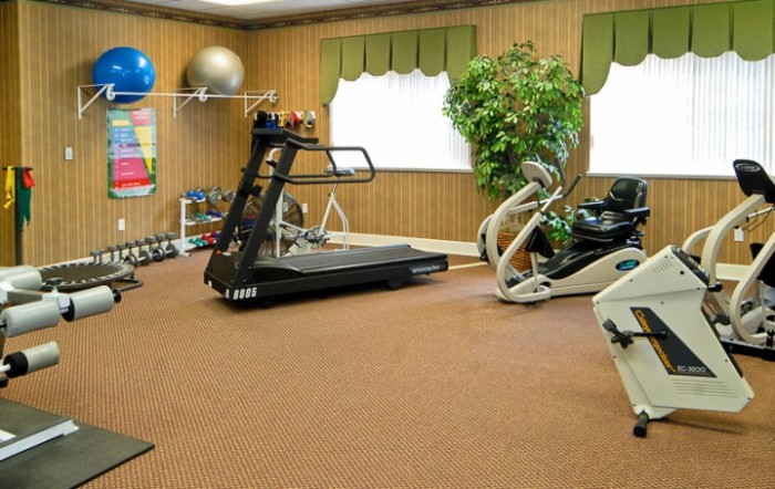 A home gym with various exercise equipment including a treadmill, stationary bike, and weights.