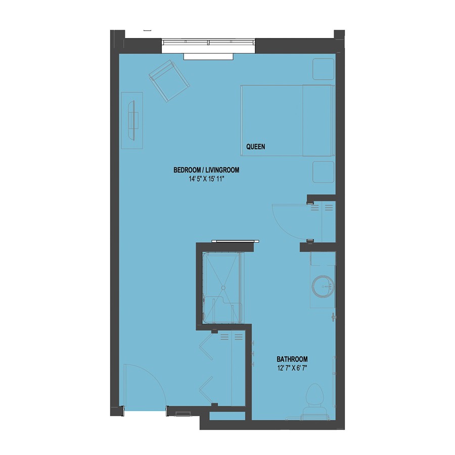 A floor plan illustrating the layout of a living and kitchen space with measurements.
