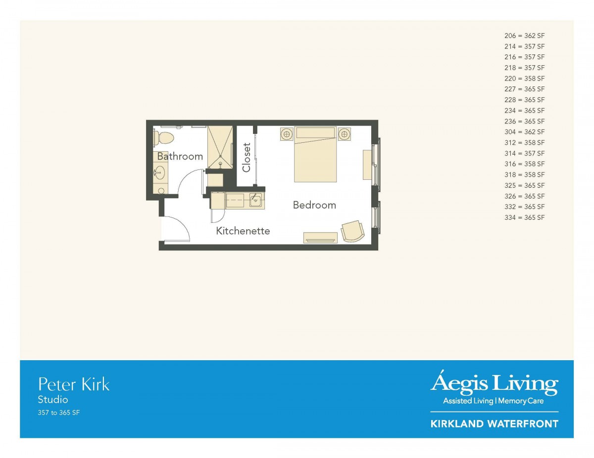 Studio apartment floor plan from Aegis Living.