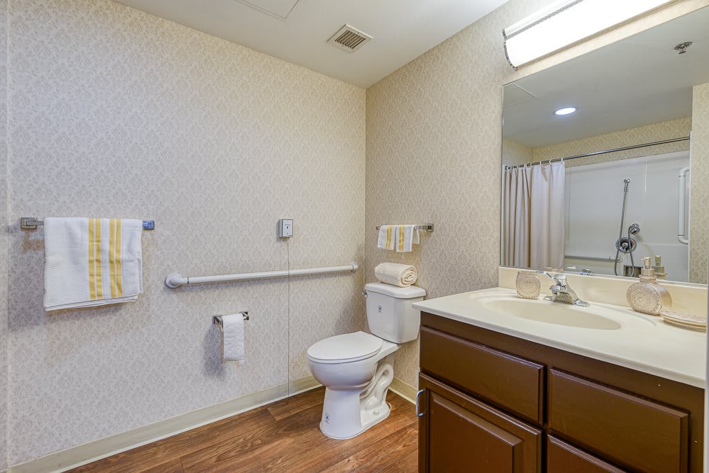 An accessible bathroom with a toilet, sink, mirror, and grab bars for safety.