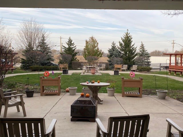 A cozy patio setup overlooking a landscaped backyard with chairs and evergreen trees.