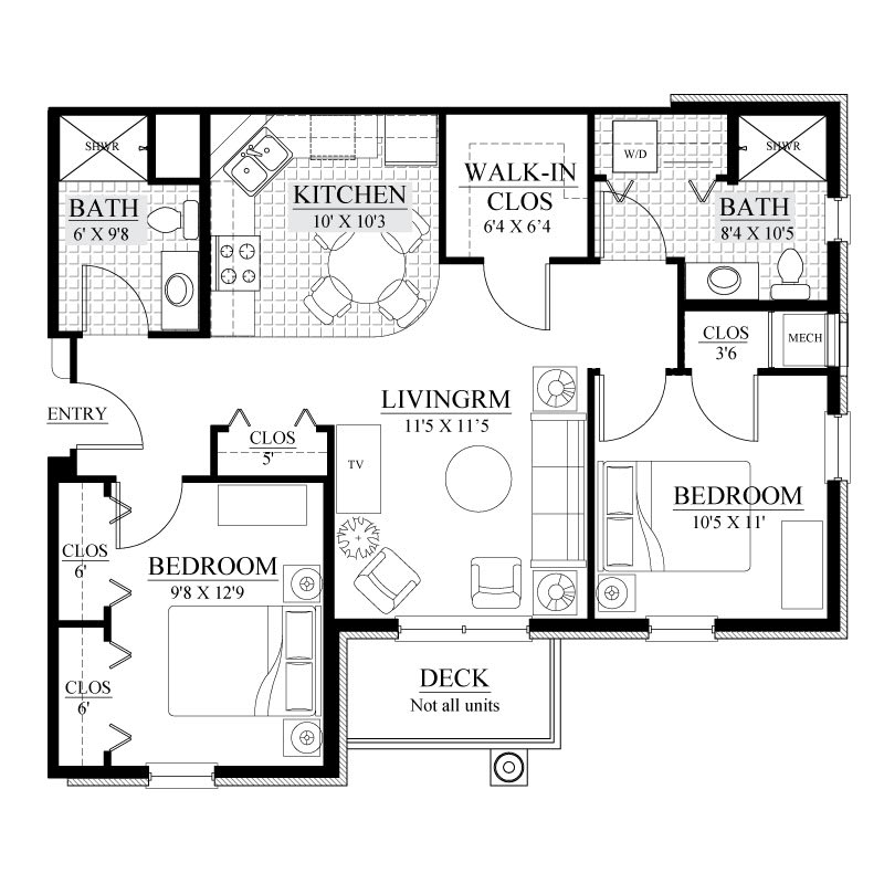 A floor plan of a two-bedroom, two-bathroom apartment with a kitchen, living room, walk-in closet, and deck.