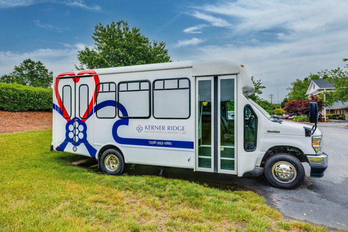 A white bus with colorful designs parked on a grassy area under a cloudy sky.