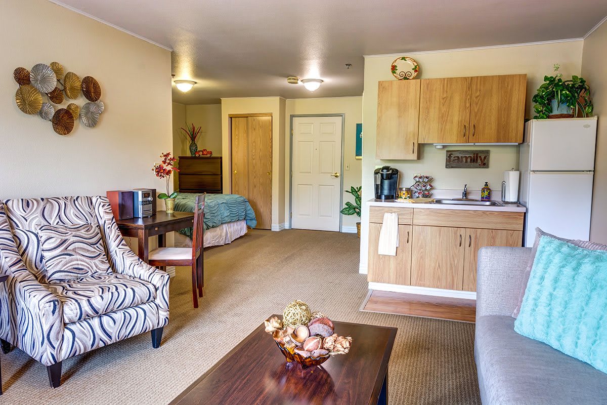 A cozy and compact studio apartment featuring a combined living, dining, and sleeping area with a kitchenette.