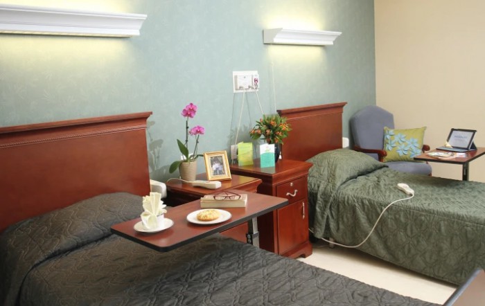 A comfortable hospital room with two beds, bedside tables, and decorative elements.