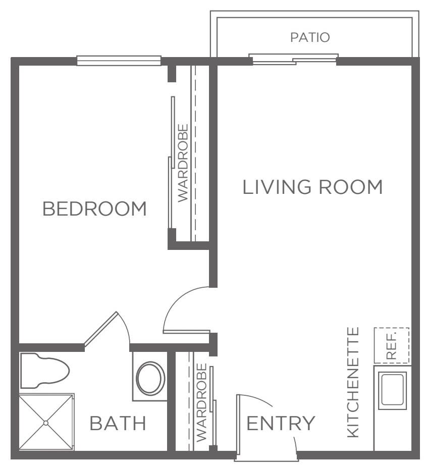 A one-bedroom apartment floor plan featuring a living room, kitchenette, bathroom, and patio.