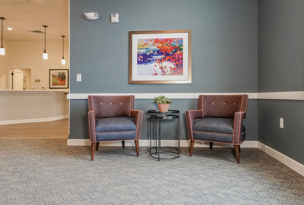 A cozy waiting area featuring two upholstered chairs, a small table with a plant, and colorful artwork on the wall.