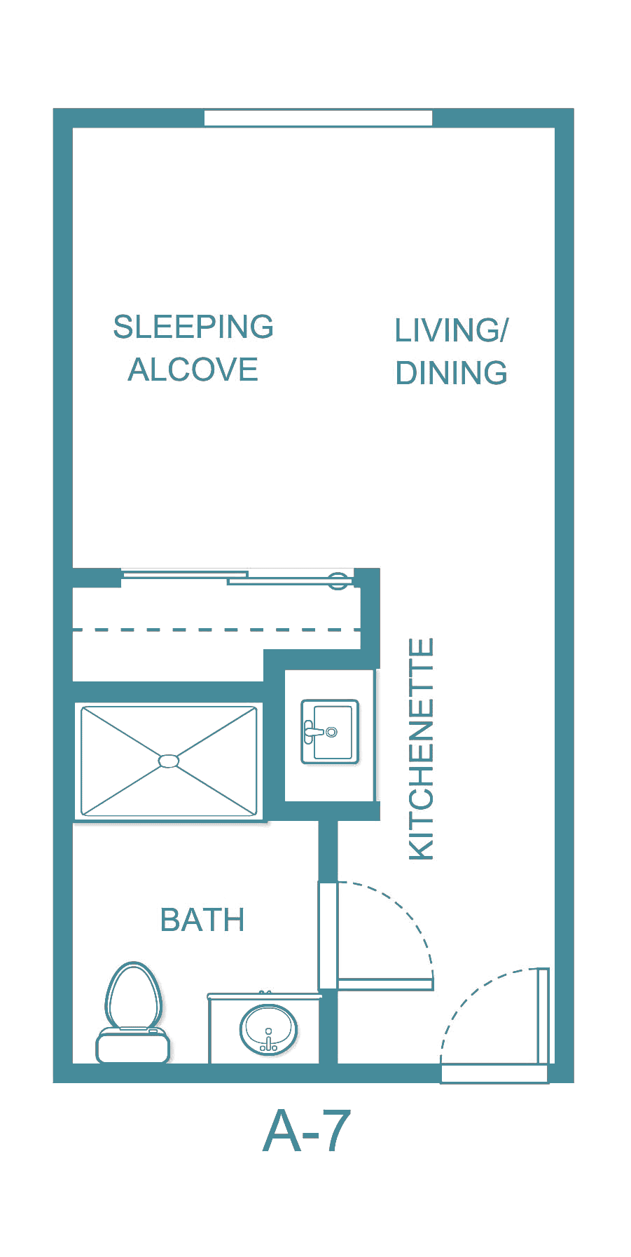 A compact studio apartment floor plan featuring a sleeping alcove, living/dining area, kitchenette, and bathroom.