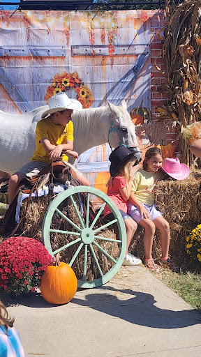 Children enjoying a fun day at the fall festival with a decorative horse and hay bales.