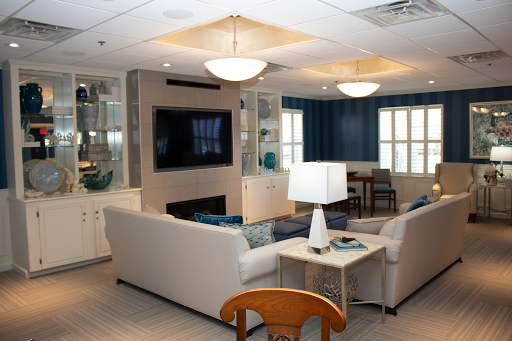 A stylish and modern living room featuring a comfortable sofa, a TV, and vibrant blue accents.