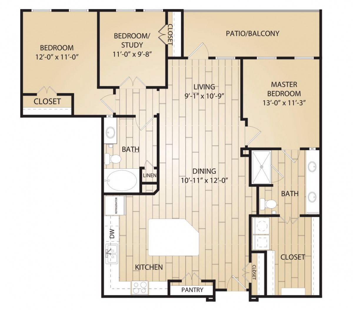 An apartment floor plan showing the layout of bedrooms, bathrooms, kitchen, living room, and dining area.