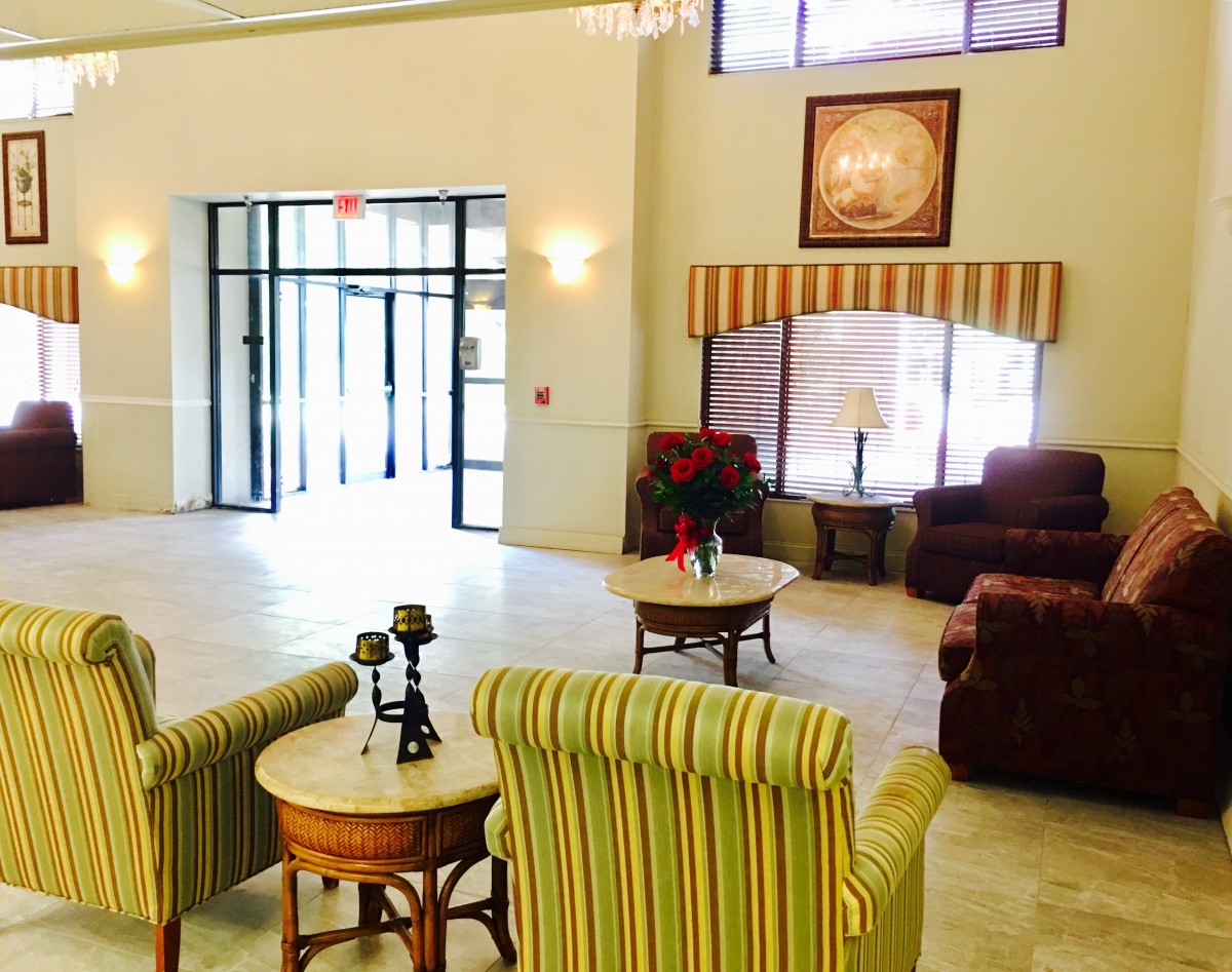 A cozy lobby with comfortable seating and elegant decor.