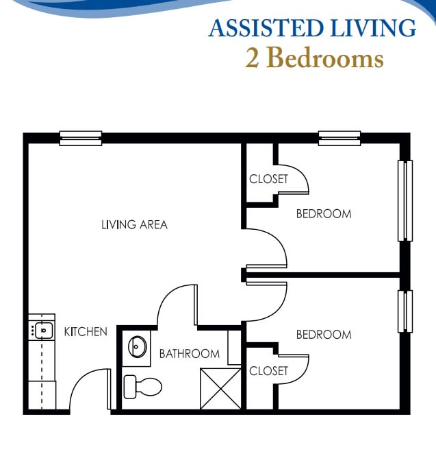 A floor plan for a two-bedroom assisted living apartment.