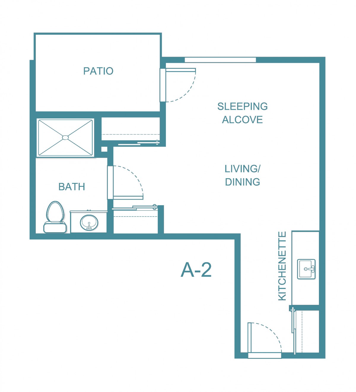 A floor plan of a studio apartment with labeled areas including a patio, bath, kitchen, and living/sleeping alcove.