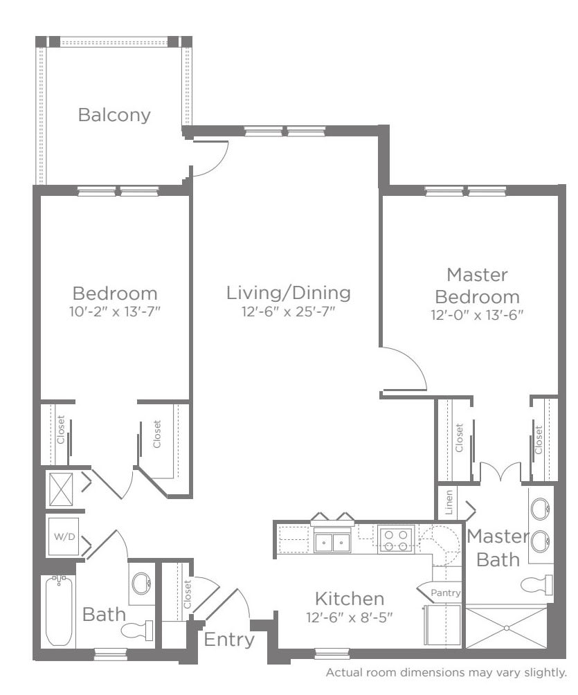 A two-bedroom apartment floor plan with a living/dining area, kitchen, balcony, and bathrooms.