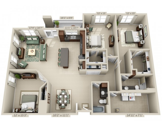 A 3D rendered floor plan of a spacious apartment featuring multiple bedrooms, a living room, kitchen, and dining area.