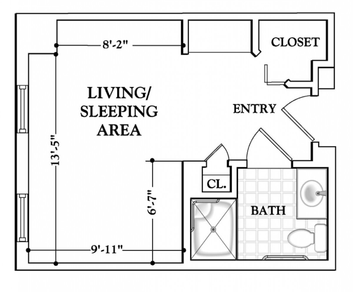A floor plan layout of a studio apartment featuring a living and sleeping area, bathroom, closet, and entryway.