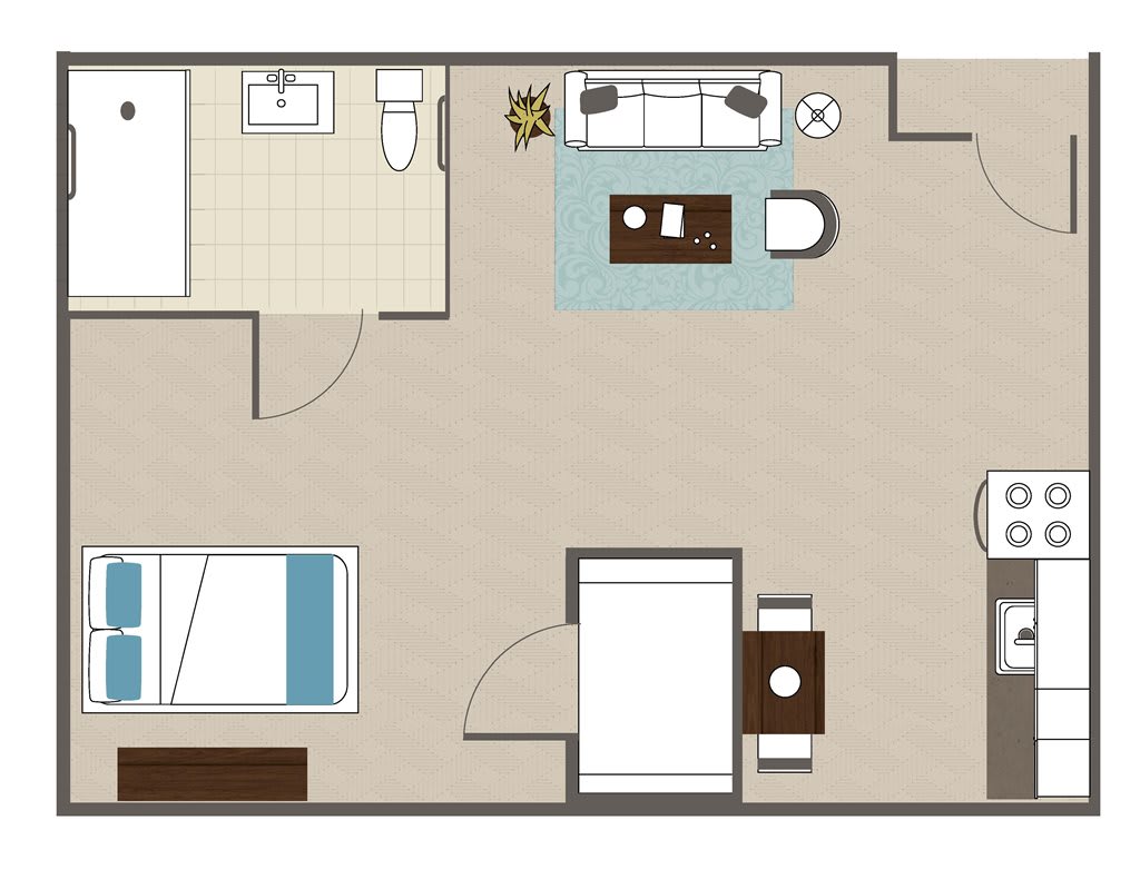 Apartment floor plan with a bedroom, bathroom, and living area.