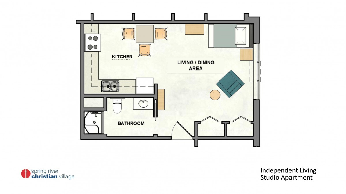 A studio apartment floor plan with designated areas for a kitchen, living/dining area, bathroom, and sleeping space.