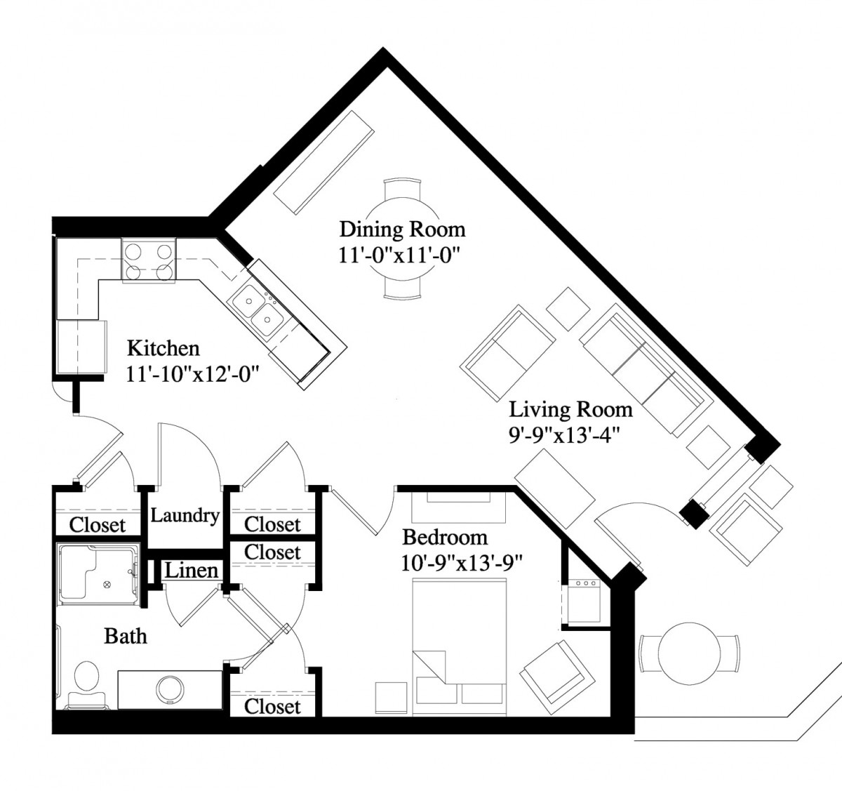 A floor plan of a one-bedroom apartment featuring a kitchen, dining area, living room, bathroom, and closets.