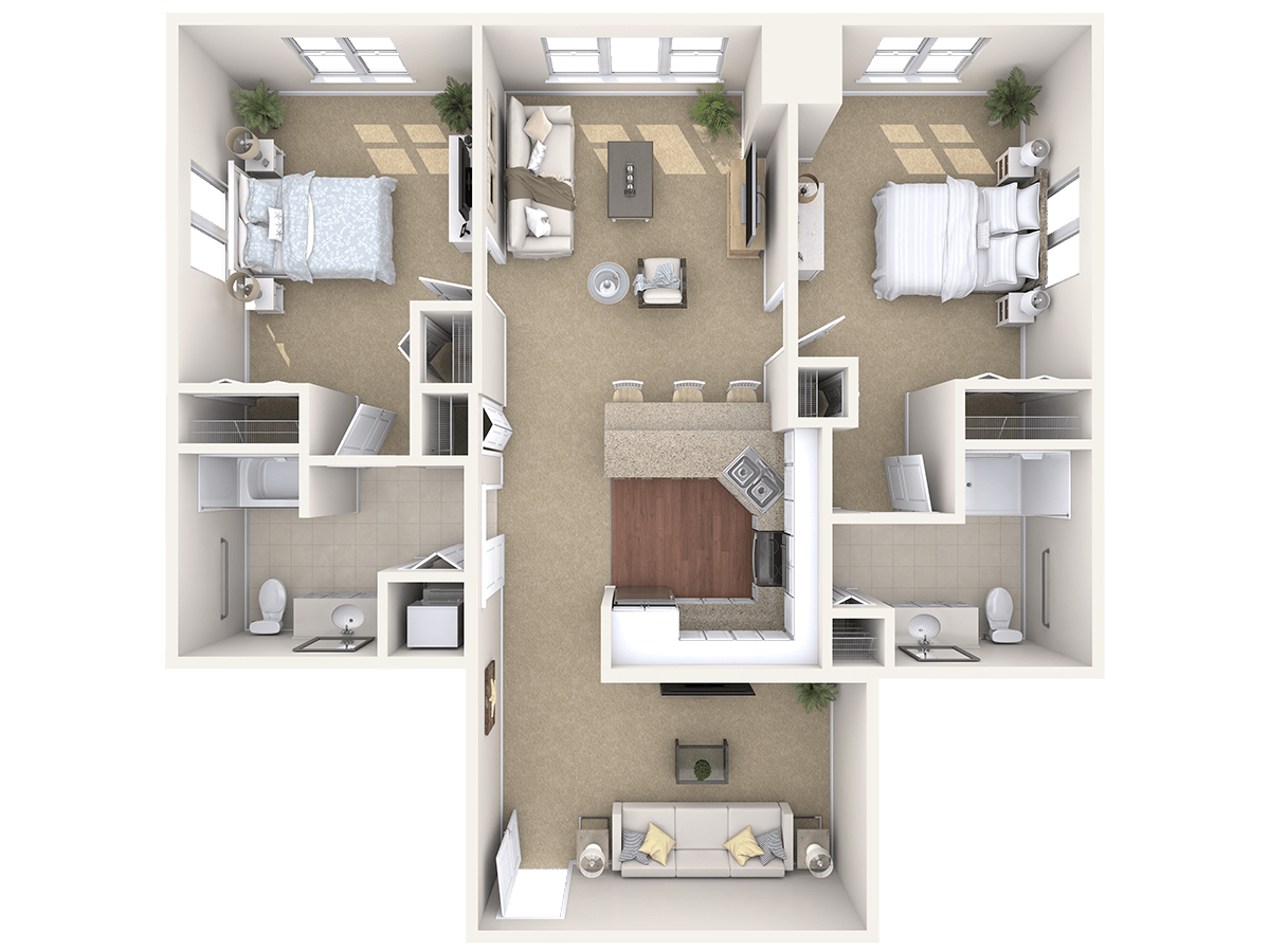 A detailed floor plan of a two-bedroom apartment with a living room, kitchen, and bathrooms.