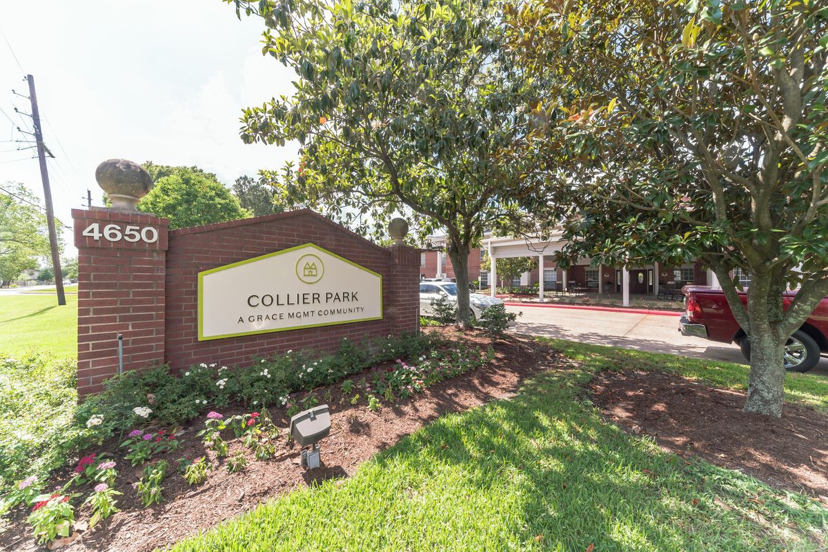 Entrance of College Park Apartment Homes with a visible sign and surrounding greenery.