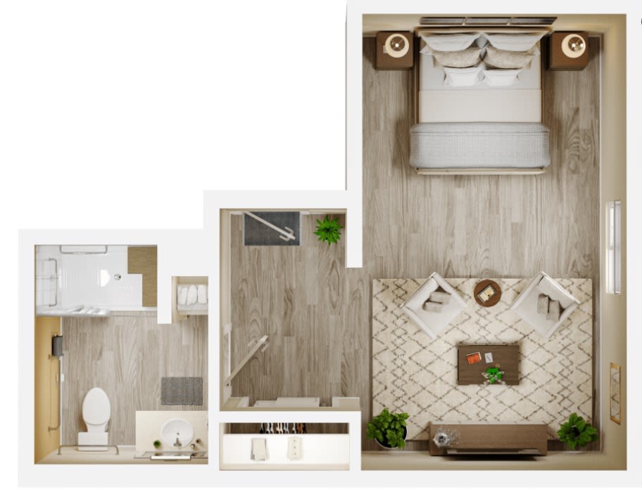 A compact apartment floor plan featuring a bedroom, bathroom, and living area.