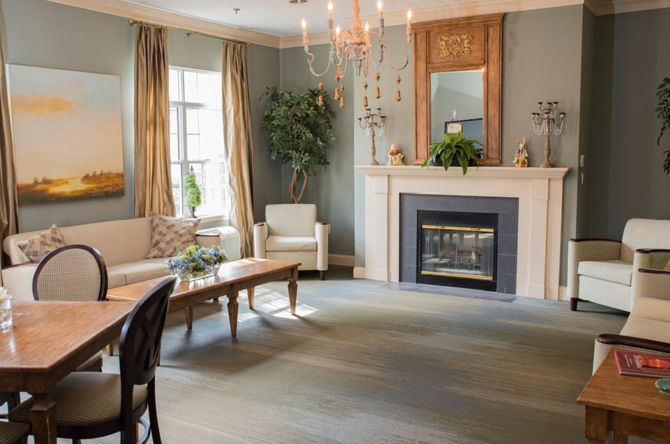 A cozy living room with a fireplace and elegant decor.