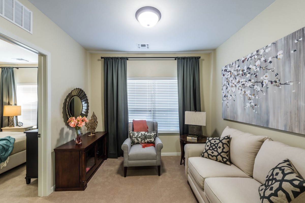 A cozy living room with a sofa, armchair, and stylish decor.