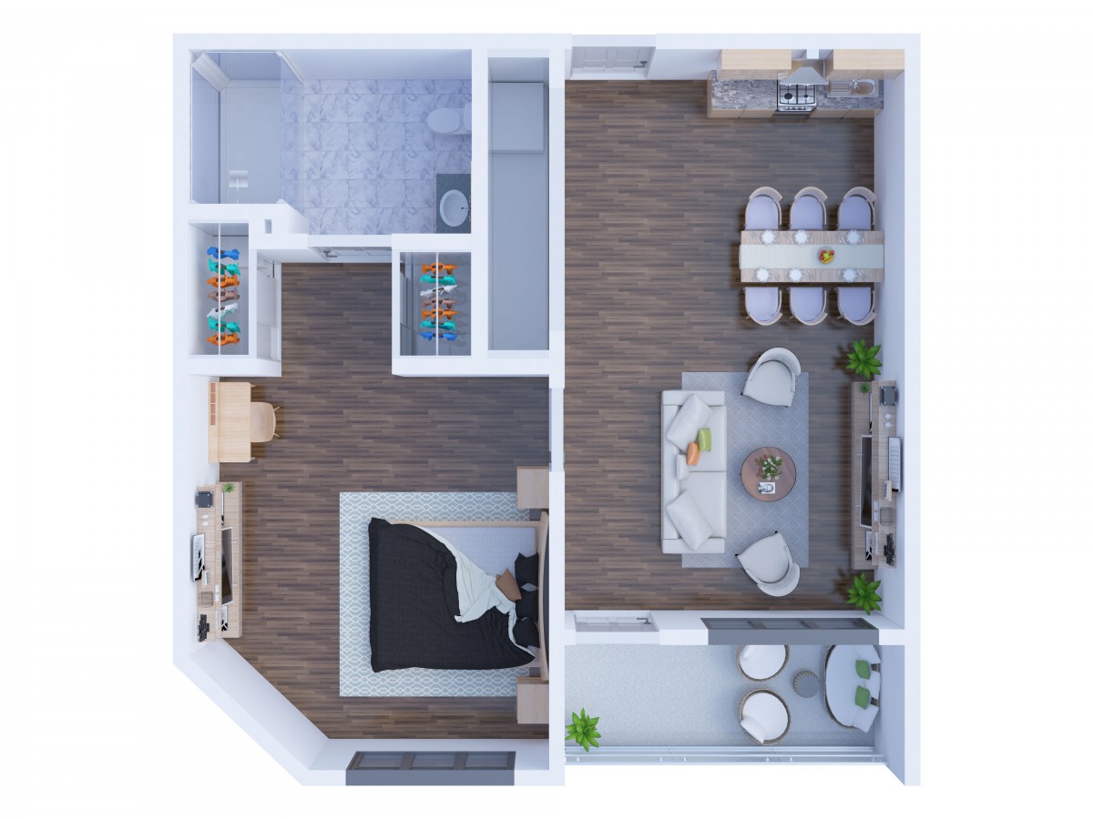 Modern one-bedroom apartment floor plan with a spacious living area and kitchen.