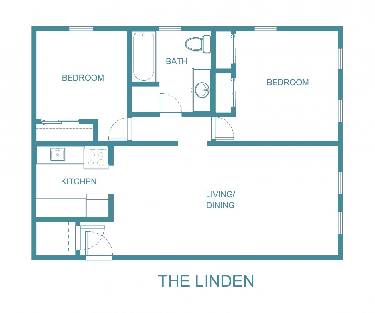 The Linden apartment floor plan featuring two bedrooms, a bath, kitchen, and living/dining area.