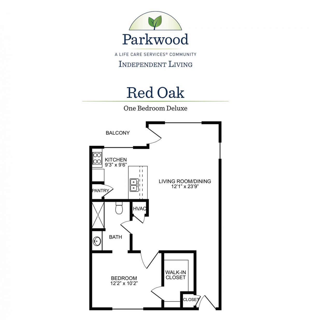 A floor plan of the 'Red Oak' one-bedroom apartment layout in Parkwood Retirement Community.