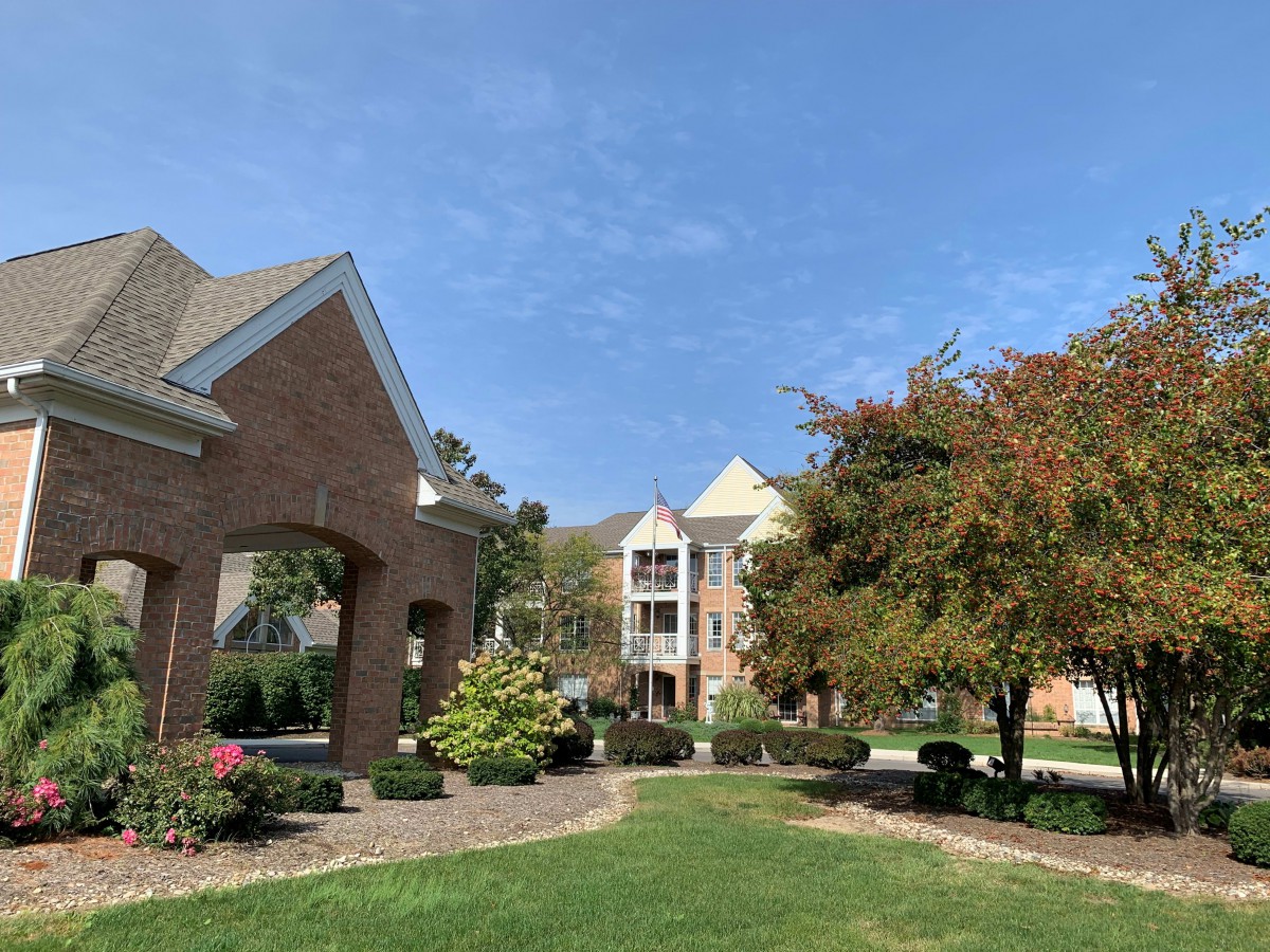 A scenic view of a residential area with well-maintained landscaping and clear blue skies.