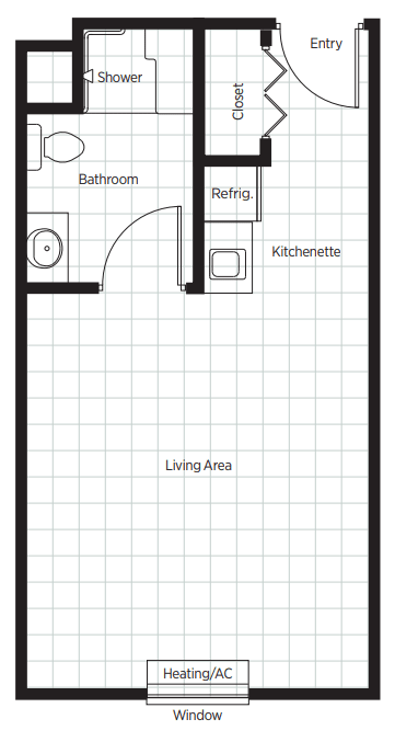 A simple floor plan of a studio apartment featuring a bathroom, kitchenette, and living area.