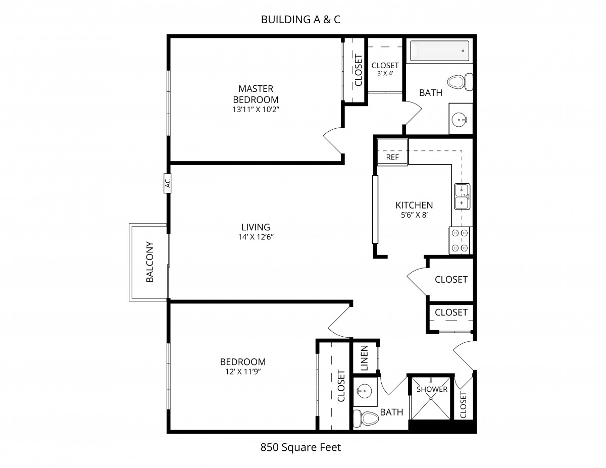 A floor plan for a two-bedroom apartment with a kitchen, living area, and bathroom.